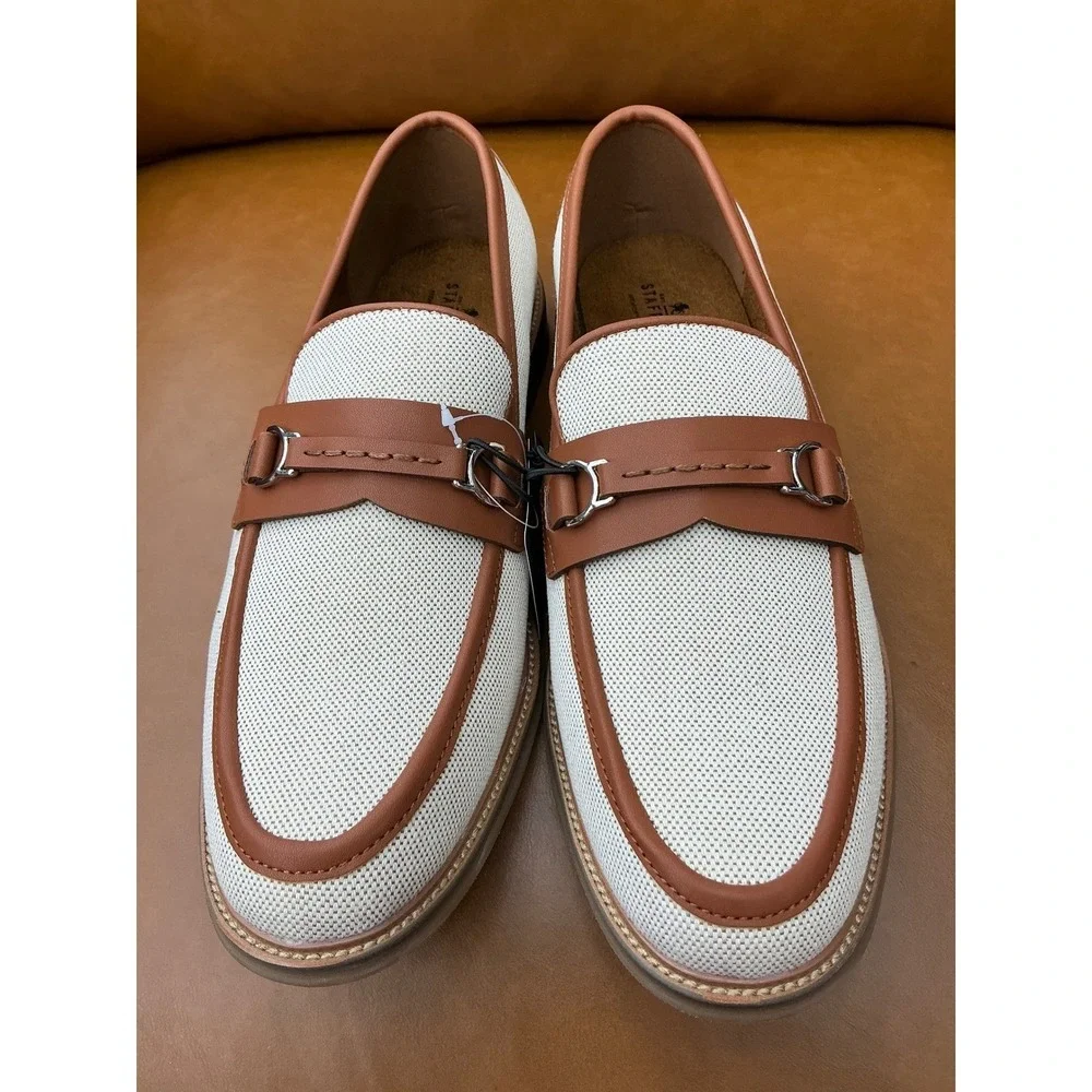 Stafford Torno Bit Loafers Mens 11 White Cognac New Textile Mesh Dress Shoes